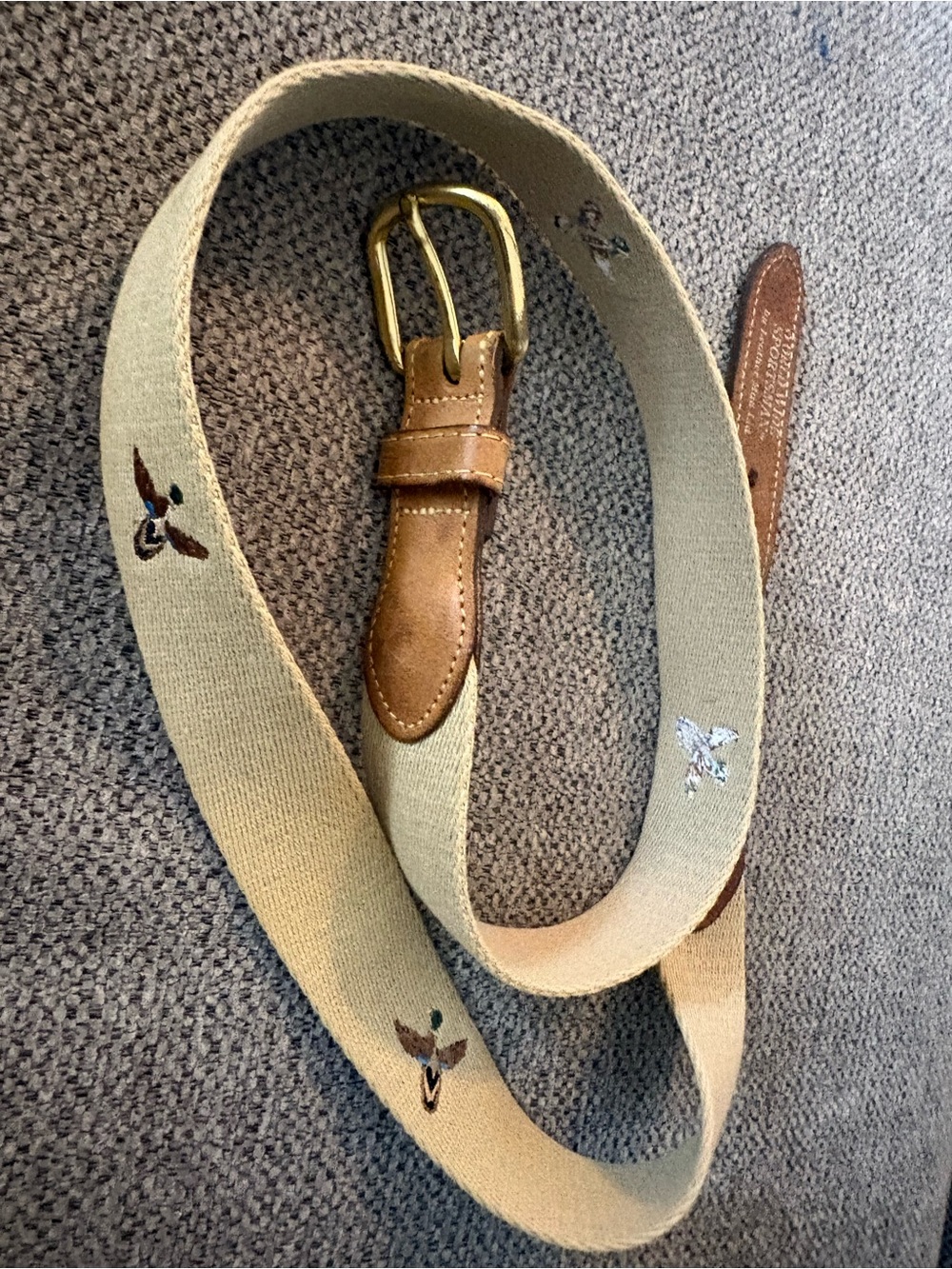 Brown Leather beige canvas belt with embroidered mallard ducks.